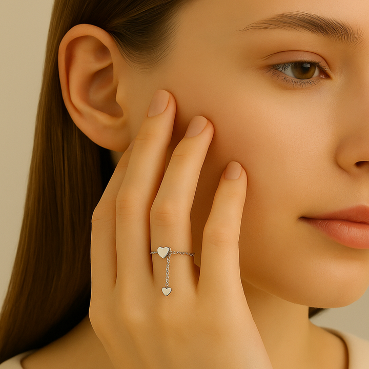 Bague chaîne fine avec cœur mobile en Argent blanc 925 Sterling