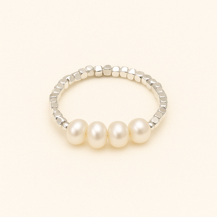 Bague fine en Argent blanc 925 Sterling avec perle ronde lisse, vue de face – Histoire d’Argent