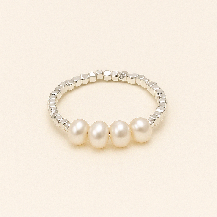 Bague ouverte en Argent blanc 925 Sterling avec perle lumineuse, vue en détail – Histoire d’Argent