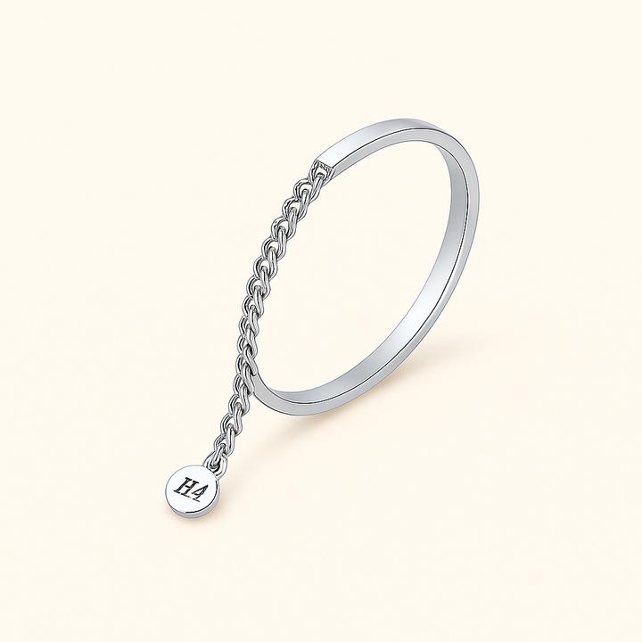 Bague chaîne en Argent blanc 925 Sterling avec pampille mobile – vue de face
