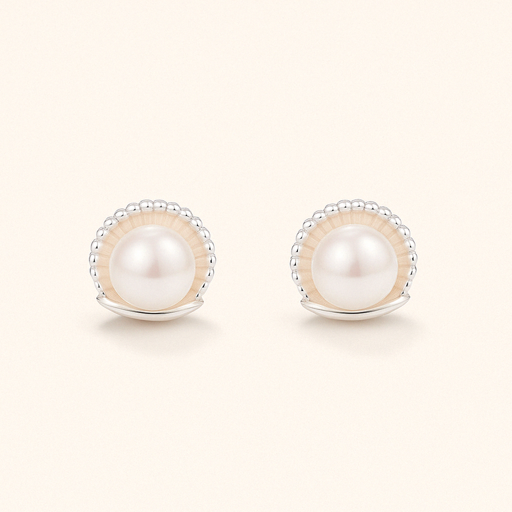 Boucles d’oreilles coquillage avec perle en Argent blanc 925 Sterling hypoallergénique – vue de face