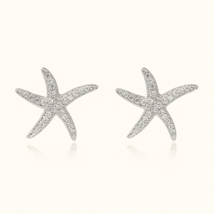  Boucles d’oreilles clous en forme d’étoile de mer en Argent blanc 925 Sterling serties de zircons – vue de face