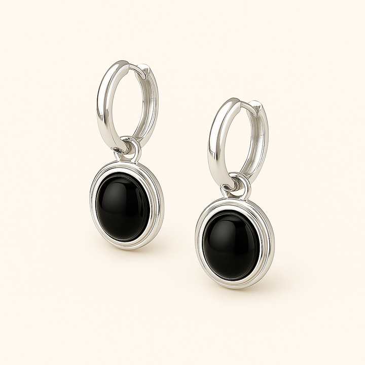 Créoles rondes en Argent blanc 925 Sterling avec pendentif cabochon noir – vue de face