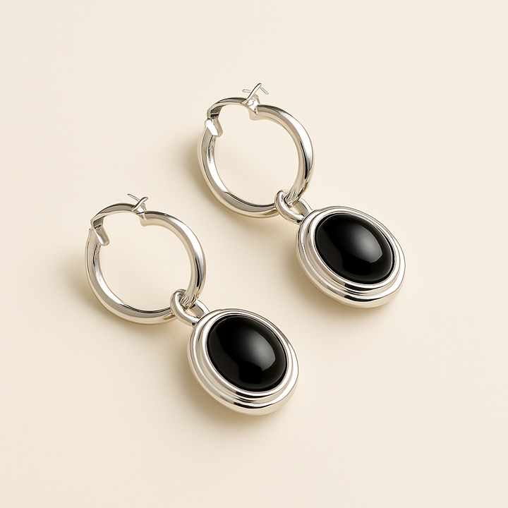 Créoles vintage en Argent blanc 925 Sterling avec pierre noire brillante – vue latérale