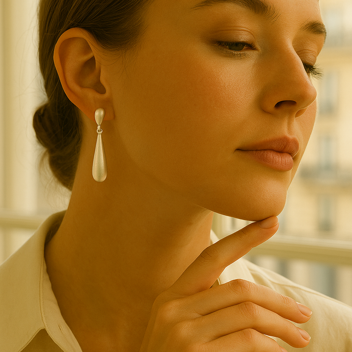 Mannequin de profil portant les boucles Célia, reflet lumineux sur l’argent, décor naturel chic.